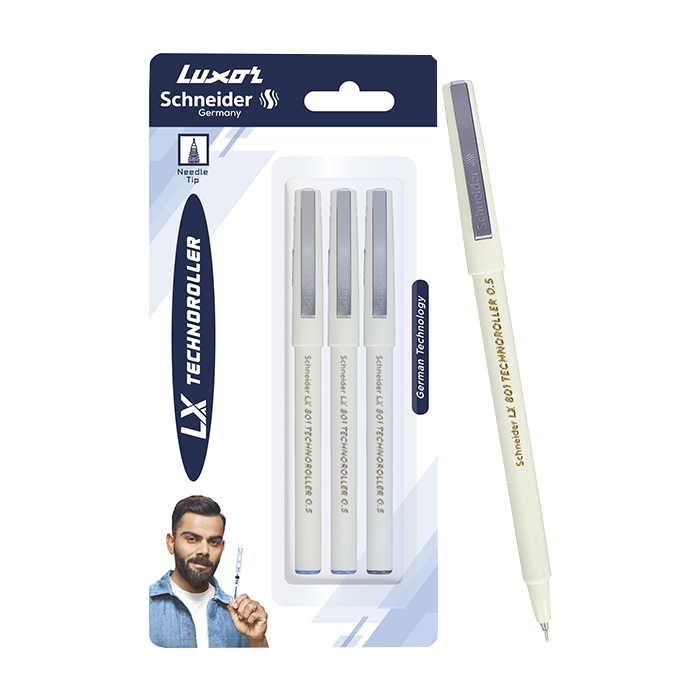 Luxor Schneider LX 801 Technoroller | Roller Ball Pen | Pack of 3 - (2 Blue + 1 Black) | Needle Tip | 0.5mm