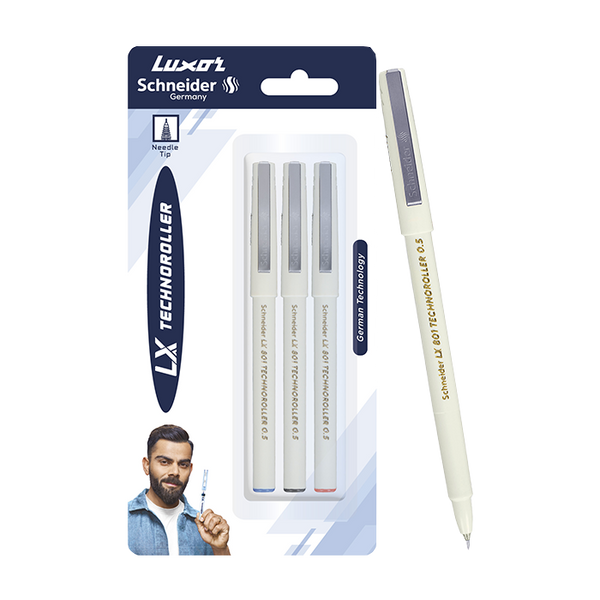 Luxor Schneider LX 801 Technoroller | Roller Ball Pen | Pack of 3 - (Blue + Black + Green) | Needle Tip | 0.5mm