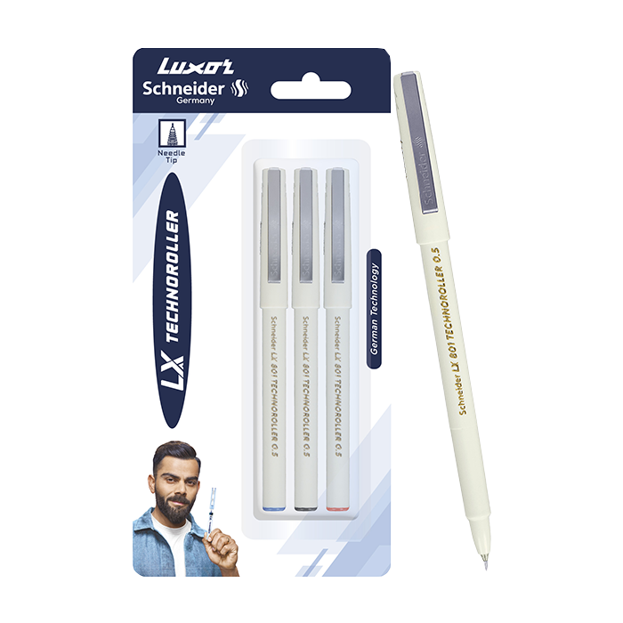 Luxor Schneider LX 801 Technoroller | Roller Ball Pen | Pack of 3 - (Blue + Black + Green) | Needle Tip | 0.5mm