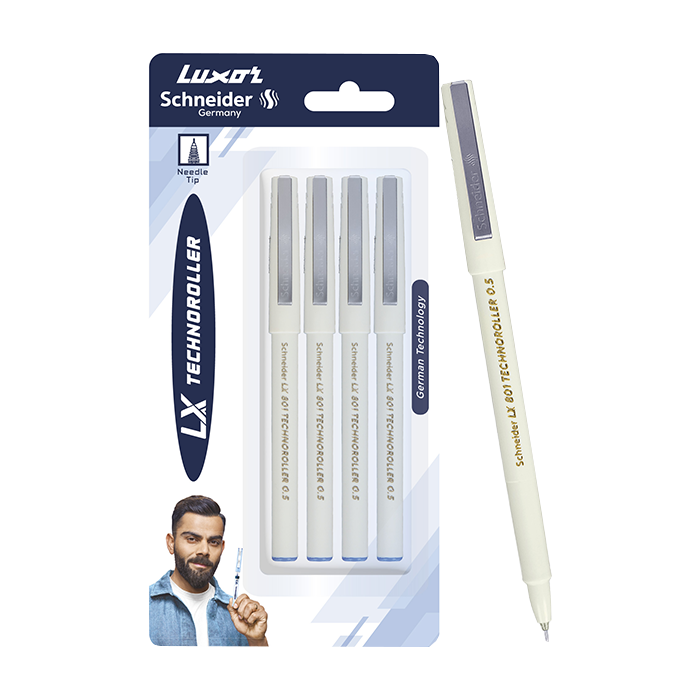 Luxor Schneider LX 801 Technoroller | Roller Ball Pen | Pack of 4 - Blue | Needle Tip | 0.5mm