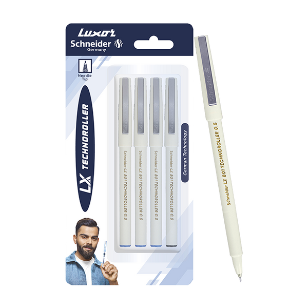 Luxor Schneider LX 801 Technoroller | Roller Ball Pen | Pack of 4 - (3 Blue + 1 Black)| Needle Tip | 0.5mm