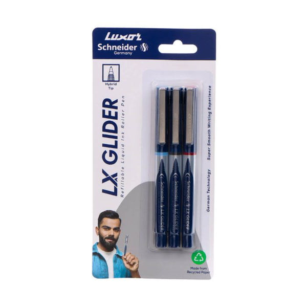 Luxor Schneider Glider, Pack Of 3, Ink - 1 Blue, 1 Black & 1 Red, Easy Gliding Hybrid Tip, German Technology, Best For Professionals & Fully Reliable