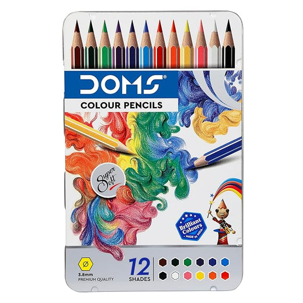 DOMS Colour Pencil Flat Tin 12 Shades Hexagonal Shaped Color Pencils (Set of 12, Multicolor)