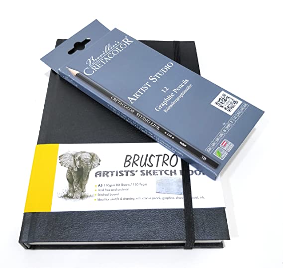 Brustro Stitched Bound A5 Size Artists Sketch Book & Cretacolor Artist Studio Line Graphite Pencil (Pack of 12)