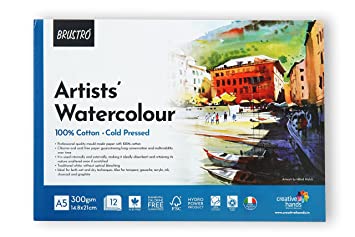 Brustro Artists’ Watercolour 100% Cotton 300gsm Cold Pressed Pad, 12 Sheets, Size- A5