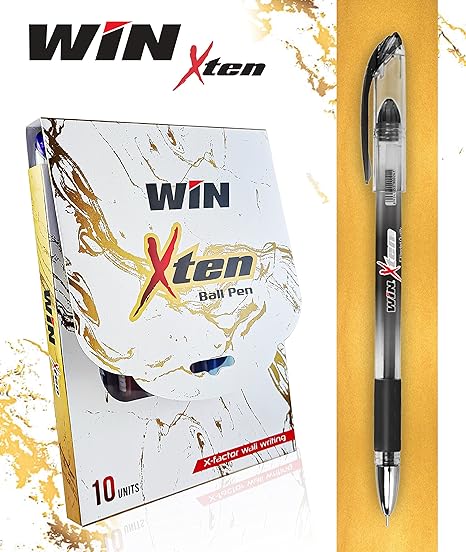 WIN X-Ten Ball Pens | 10 Black Pens | Pens Set for Writing | Pens for Students | Comfortable Grip | 0.7 mm Tip | Long Lasting Pens Ideal for Students | Perfect Pens for Exams