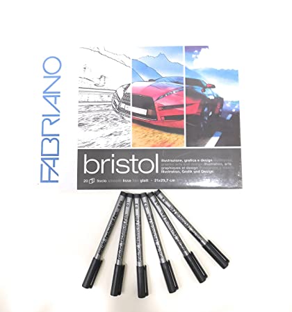 BRUSTRO Combo Technical Pen Black & Fabriano Bristol Glued Block A4 (Assorted) – Set of 6