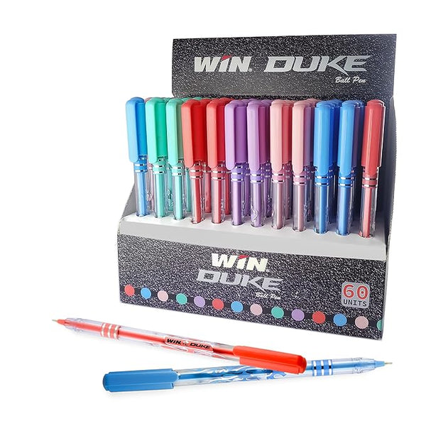 WIN Duke Ball Pens | 60 Blue Pens | Pens for Writing| Assorted Body in 5 Pastel Shades| Lightweight & Colourful Body | 0.7mm Tip | Ideal for School Office & Business Use | Pens for Students