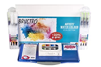 Brustro Artists Watercolor Cotton Paper with Aqua Squeeze Leak Proof Brush Pen Assorted with 18 Palette and 8 Half Pans