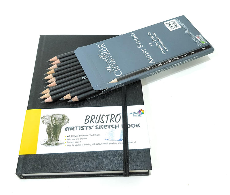 Brustro Stitched Bound A5 Size Artists Sketch Book & Cretacolor Artist Studio Line Graphite Pencil (Pack of 12)