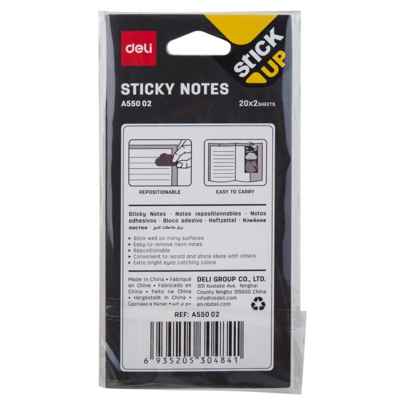 Deli WA55002 Sticky Notes, 2 x 20 Sheets, 80 gsm, 76x76mm, Assorted, Pack of 1