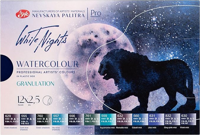 WHITE NIGHTS Artists' Grade Watercolors set 12 Full Pans Granulating Colors, plastic box by Nevskaya Palitra