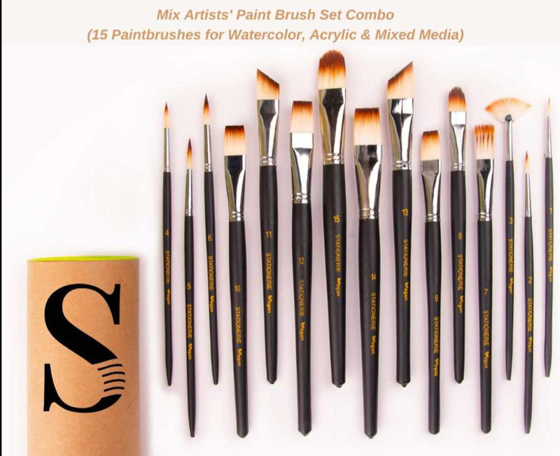 Stationerie Mix Set Of 15 Assorted Professional Paint Brushes with 2nd