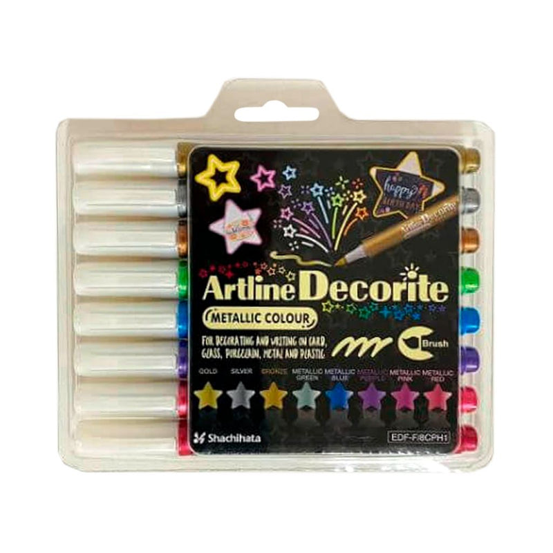 Artline Decorite Brush Markers- Metallic Set Of 8 (Clamp Shell Pack)