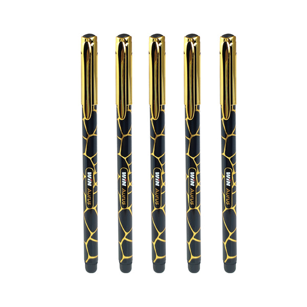 Win Aurus Ball Pens | 10 Black Pens |  Gold Design Body | 0.7 mm Tip | Golden Finish Cap | Elastro Grip | Students, Exams Use | Smooth Writing | Stationery Items | Premium