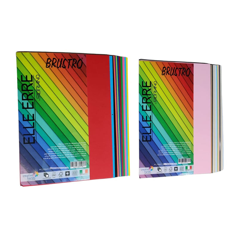 BRUSTRO Elle Erre Coloured Paper A4 Size 220 GSM Mixed Bright & Soft Colours 48 Sheets Pack ( 12 X 2 Bright and 12 X 2 Soft Sheets) with Textured Surface on one Side and Smooth on Other.