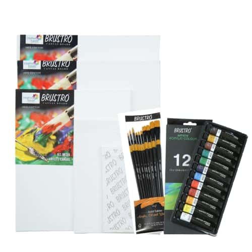 BRUSTRO Artists ’ Acrylic Colour Set of 12 Colours X 12ML Tubes with Gold Taklon Brush Set of 10 and 5 Canvas Boards