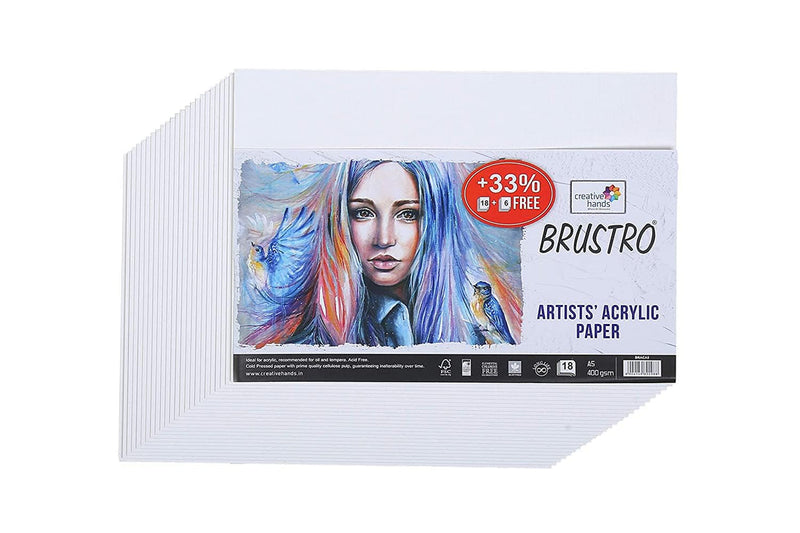 BRUSTRO Acrylic Paint Set of 24, Multicolour 12ml Tubes with Acrylic Papers 400 GSM A5, (Contains 18 + 6 Free Sheets) and VelveTouch Artist Brushes set of 6