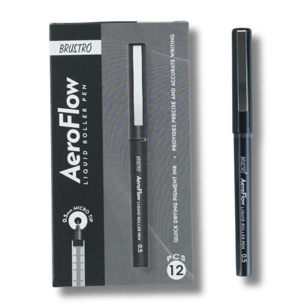 BRUSTRO AeroFlow Liquid Ink Rollerball Pens 0.5 Micro Tip Pack of 12 (Classic Black ink)