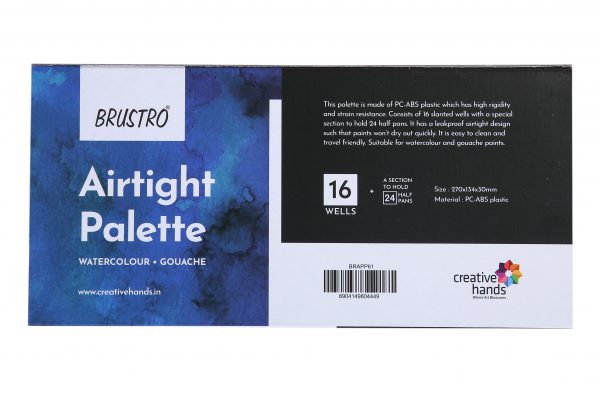 BRUSTRO Artists’ AIRTIGHT Palette 16 Wells for Watercolour and Gouache with a Special Section to Hold 24 Half Pans and a Removable Clear Tray