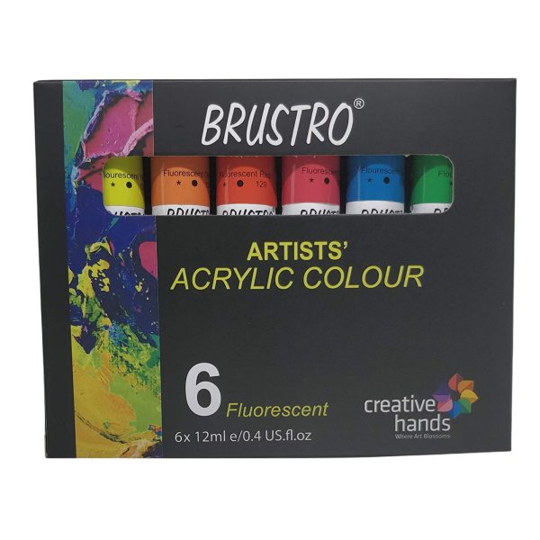 BRUSTRO ARTISTS’ ACRYLIC COLOUR SET OF 6 FLUORESCENT COLOURS X 12ML TUBES