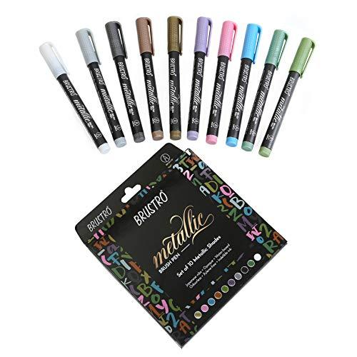 BRUSTRO Metallic Brush Pens -Set of 10 Colors. with Colour Brush Pens Set of 12 (Pigment based, Hard tip brush pen)