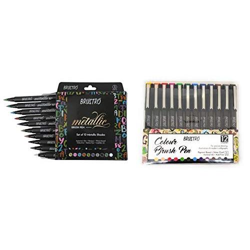 BRUSTRO Metallic Brush Pens -Set of 10 Colors. with Colour Brush Pens Set of 12 (Pigment based, Hard tip brush pen)