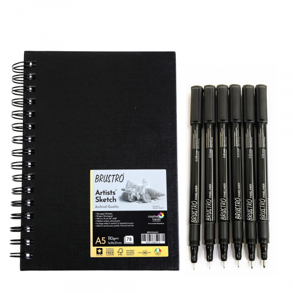 Brustro Professional Pigment Based Fineliner – Pack of 6 (Black) with Artist Sketch Book 110 GSM A5 Wiro Journal (156 Pages)