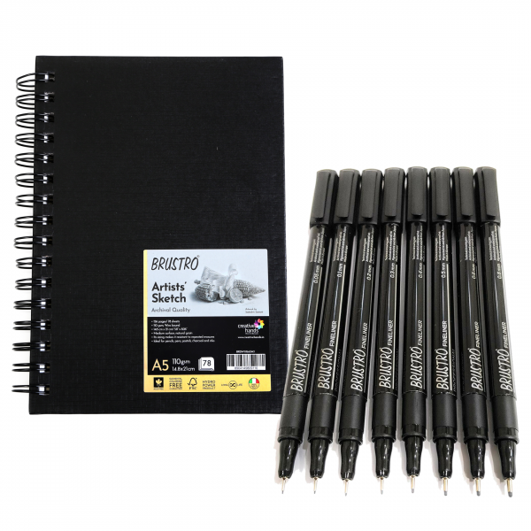 Brustro Professional Pigment Based Fineliner – Pack of 8 (Black) with Artist Sketch Book 110 GSM A5 Wiro Journal (156 Pages)