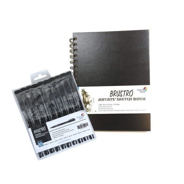 Brustro Professional Pigment Based Fineliner – Set of 10 with Artists Sketch Book, A5,160 GSM