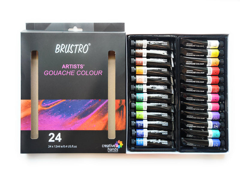 BRUSTRO Artists Gouache Colour Set of 24 Colours X 12ML Tubes with 25% Cotton Watercolour Wiro Journal Cold Pressed 200 GSM A5-25 Sheets and VelveTouch Artist Brushes set of 6