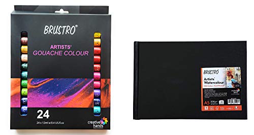 BRUSTRO Artists’ Gouache Colour Set of 24 Colours X 12ML Tubes with Watercolour Journal