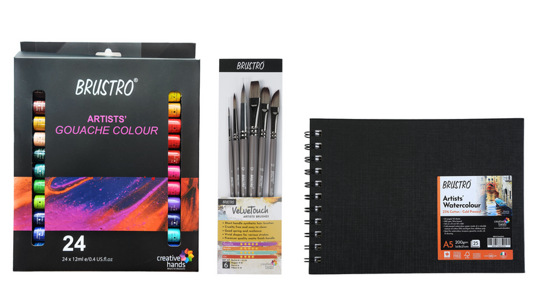 BRUSTRO Artists Gouache Colour Set of 24 Colours X 12ML Tubes with 25% Cotton Watercolour Wiro Journal Cold Pressed 200 GSM A5-25 Sheets and VelveTouch Artist Brushes set of 6