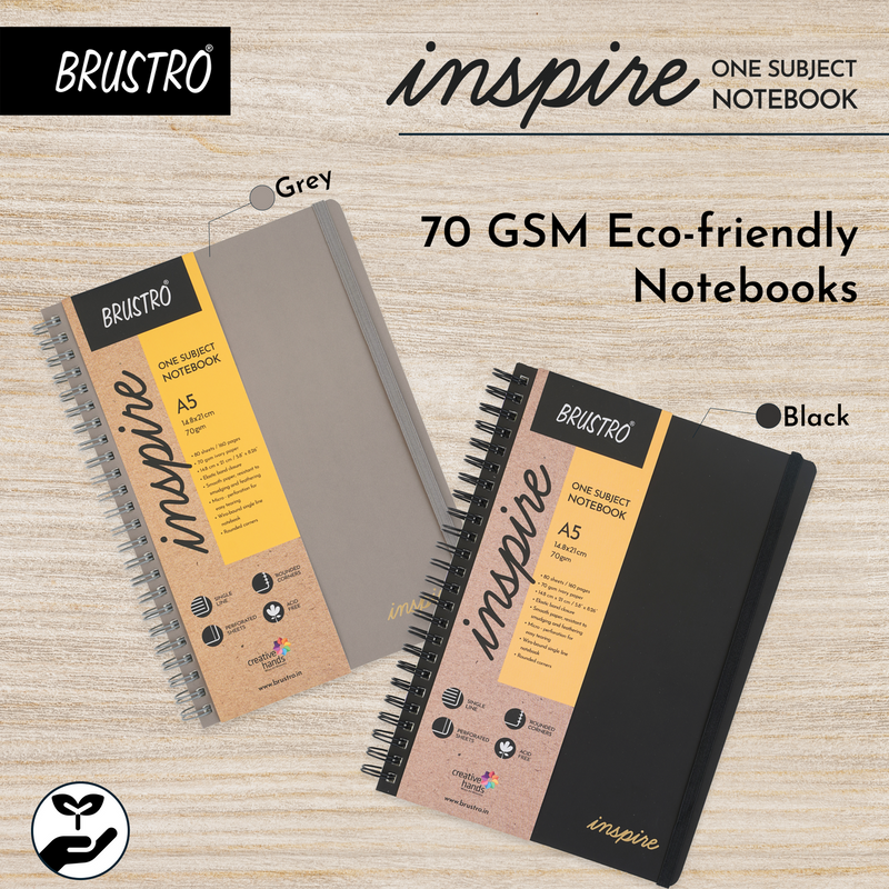 BRUSTRO Inspire A5 Size, 1 Subject Ruled Notebook, 80 sheets / 160 pages, 70 gsm ivory paper, Black cover