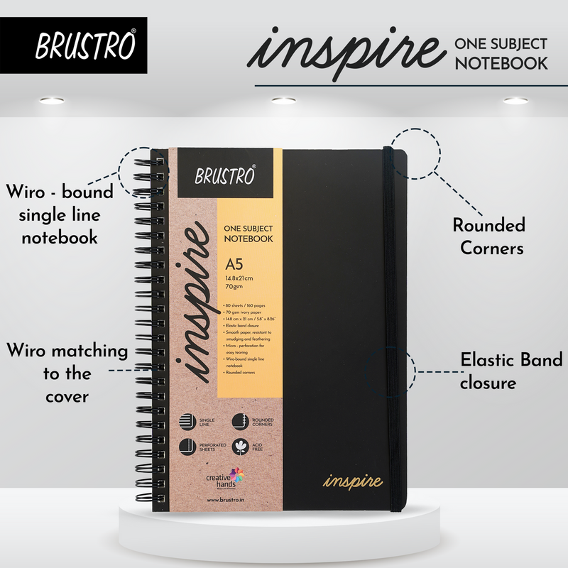 BRUSTRO Inspire A5 Size, 1 Subject Ruled Notebooks (Set of 2), 80 sheets/160 pages, 70 gsm ivory paper, Black/Grey Velvety Touch Cover