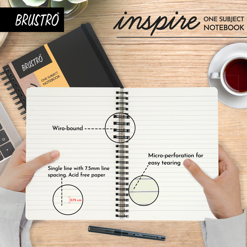 BRUSTRO Inspire A5 Size, 1 Subject Ruled Notebooks (Set of 2), 80 sheets/160 pages, 70 gsm ivory paper, Black/Grey Velvety Touch Cover