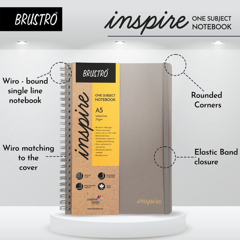 BRUSTRO Inspire A5 Size, 1 Subject Ruled Notebooks (Set of 2), 80 sheets/160 pages, 70 gsm ivory paper, Black/Grey Velvety Touch Cover