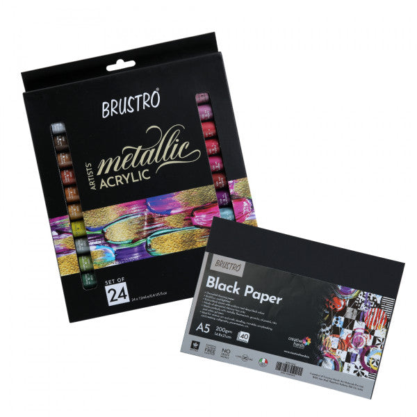 Brustro Artists’ Metallic Acrylic Set of 24x12ml with Black Paper A5 (Pack of 40 sheet)