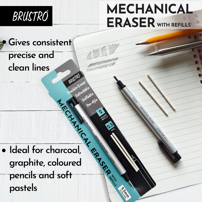 BRUSTRO Mechanical Precision Retractable Eraser | 2.3mm - Ultra-Fine Tip | Refillable, Perfect for Artists, Architects, Students, Professionals, Clean and Accurate Erasing.