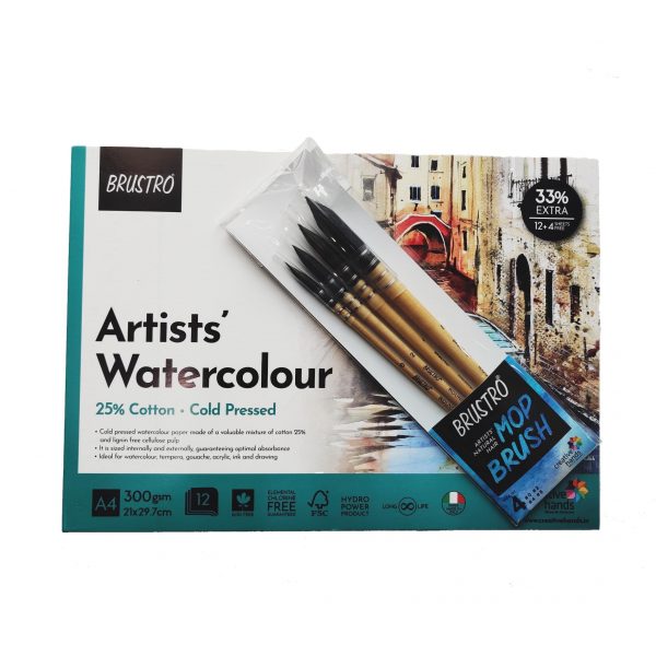 BRUSTRO Artists’ Natural Hair MOP Brush Set of 4 (0, 2, 4, 8) with Artist Watercolour Pad Cold Pressed 300 GSM 25% Cotton A4 – (12 + 4 Free Sheets)