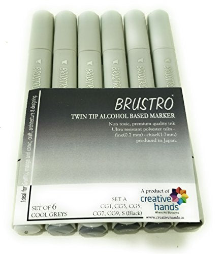 Brustro Twin Tip Alcohol Based Marker Set of 6 – Cool Greys Set A