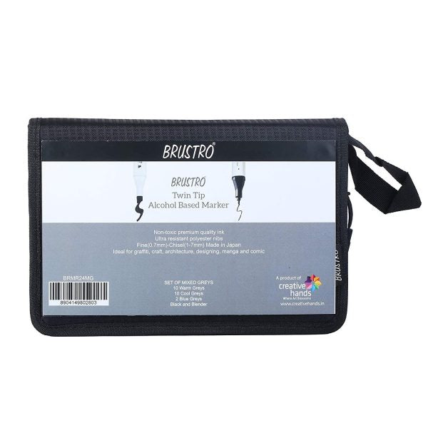 Brustro Twin Tip Alcohol Based Marker with an Elegant Marker Wallet – Mixed Greys (Pack of 24)