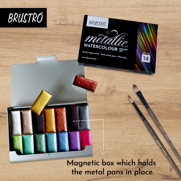 BRUSTRO Artist Metallic Watercolour Half Pans Set of 14 with Brustro VelveTouch Artist Brush Set of 6