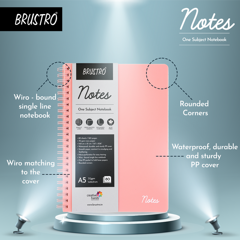 BRUSTRO Notes A5 Size, 1 Subject Ruled Notebook, 80 sheets / 160 pages, 70 gsm ivory paper, Blush Cover