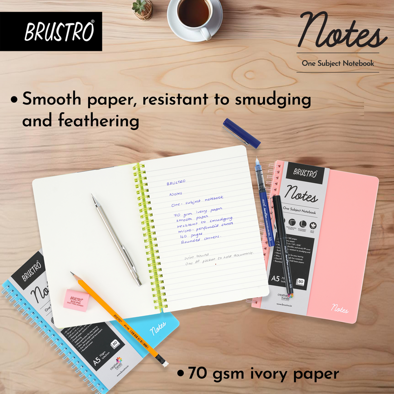 BRUSTRO Notes A5 Size, 1 Subject Ruled Notebook, 80 sheets / 160 pages, 70 gsm ivory paper, Blush Cover