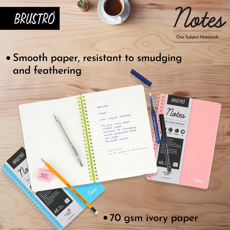 BRUSTRO Notes A5 Size,1 Subject Ruled Notebooks (Set of 5),80 sheets/160 pages,70 gsm ivory paper, Caramel/Aqua/Lime/Blush/Slate Cover