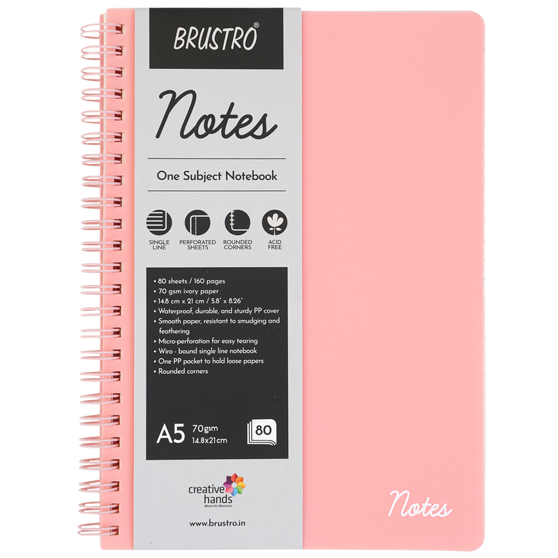 BRUSTRO Notes A5 Size, 1 Subject Ruled Notebook, 80 sheets / 160 pages, 70 gsm ivory paper, Blush Cover