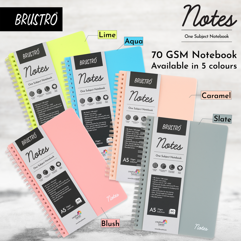 BRUSTRO Notes A5 Size,1 Subject Ruled Notebooks (Set of 5),80 sheets/160 pages,70 gsm ivory paper, Caramel/Aqua/Lime/Blush/Slate Cover