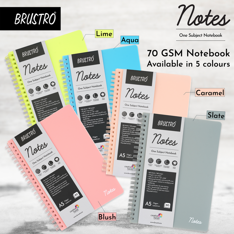 BRUSTRO Notes A5 Size, 1 Subject Ruled Notebook, 80 sheets / 160 pages, 70 gsm ivory paper, Blush Cover