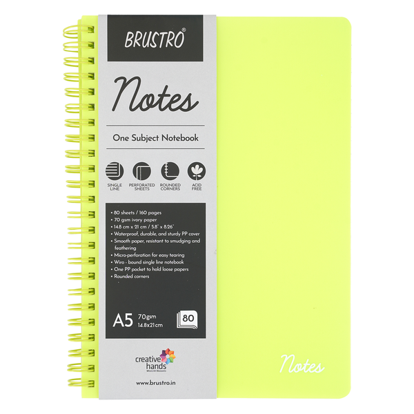 BRUSTRO Notes A5 Size, 1 Subject Ruled Notebook, 80 sheets / 160 pages, 70 gsm ivory paper, Lime Cover